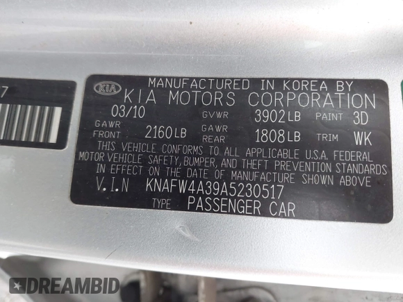 2010 Kia Forte SX with VIN KNAFW4A39A5230517, listed as a IAAI auction lot 41953297 with 154,711 mi miles. Bid and sale history available at carsss.com. Image 9.