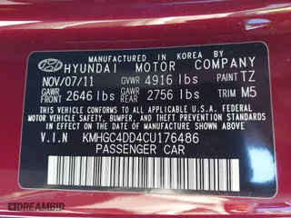 2012 Hyundai Genesis 3.8L with VIN KMHGC4DD4CU176486, listed as a IAAI auction lot 41674122 with 148,085 mi miles. Bid and sale history available at carsss.com. Image 9.