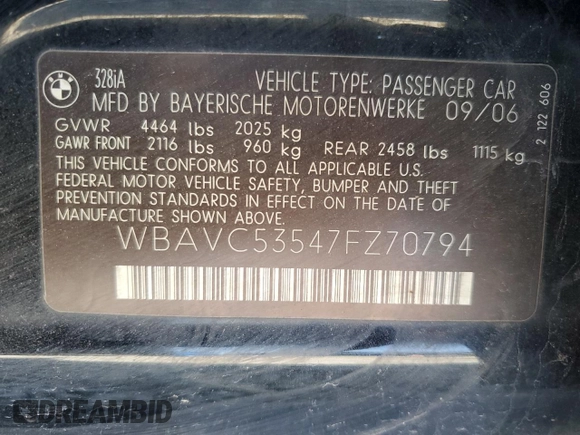 2007 BMW 3 Series 328i with VIN WBAVC53547FZ70794, listed as a Copart auction lot 47402045 with 201,797 mi miles and Salvage Title. Bid and sale history available at carsss.com. Image 12.