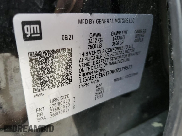 2021 Chevrolet Suburban LS with VIN 1GNSCBKD0MR379571, listed as a Copart auction lot 42579275 with 146,655 mi miles and Salvage Title. Bid and sale history available at DreamBid. Image 13.