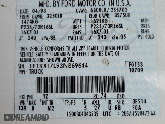 2003 Ford F-150 XL with VIN 1FTRX17L93NB69644, listed as a Copart auction lot 57130275 with 191,302 mi miles and Salvage title. Bid and sale history available at DreamBid. Image 12.