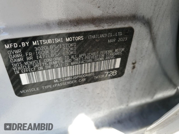 2023 Mitsubishi Mirage Black Edition с VIN ML32AWHJ6PH004865, выставлен на аукционе Copart как лот 48791185 с пробегом 11 931 миль миль и Списание • Salvage title. История ставок и продаж доступна на DreamBid. Изображение 14.