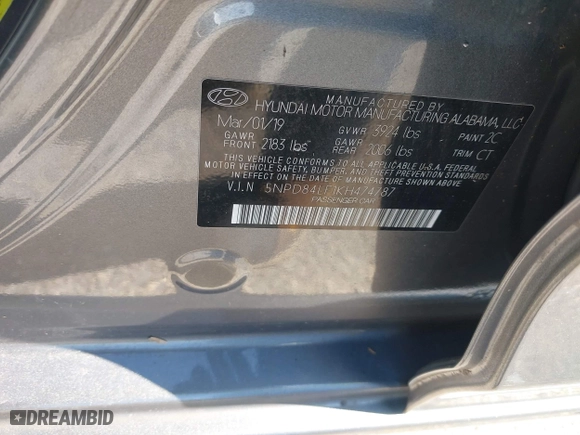 2019 Hyundai Elantra SEL with VIN 5NPD84LF1KH474787, listed as a IAAI auction lot 41969488 with 53,305 mi miles. Bid and sale history available at carsss.com. Image 9.