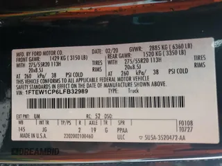 2020 Ford F-150 XL with VIN 1FTEW1CP6LFB32989, listed as a Copart auction lot 54590185 with 51,254 mi miles and Salvage Title. Bid and sale history available at DreamBid. Image 13.