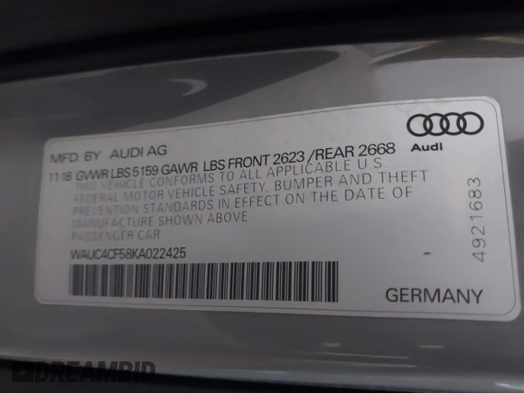 2019 Audi S5 Sportback Prestige z VIN WAUC4CF58KA022425, wystawiony jako IAAI lot #41691161 z przebiegiem 95 997 mil mil oraz . Historia ofert i sprzedaży dostępna na DreamBid. Obrazek 9.