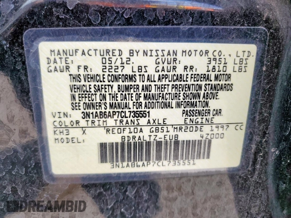 2012 Nissan Sentra S with VIN 3N1AB6AP7CL735551, listed as a Copart auction lot 59293035 with Not provided miles and Salvage title. Bid and sale history available at DreamBid. Image 12.
