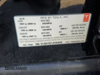 2018 Tesla Model S 75D with VIN 5YJSA1E21JF284845, listed as a Copart auction lot 62549885 with Not provided miles and Clean title. Bid and sale history available at DreamBid. Image 12.
