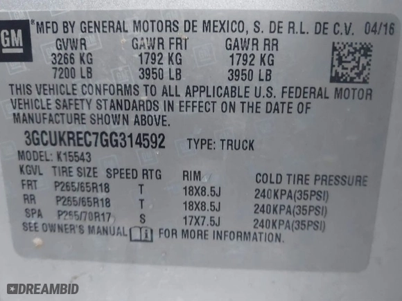 2016 Chevrolet Silverado 1500 LT with VIN 3GCUKREC7GG314592, listed as a IAAI auction lot 40813513 with 294,048 mi miles. Bid and sale history available at carsss.com. Image 9.