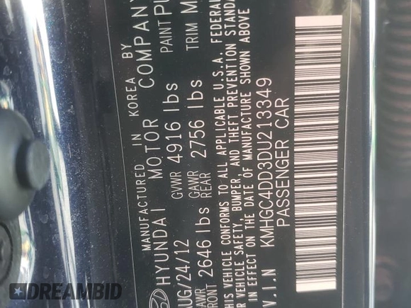 2013 Hyundai Genesis 3.8L with VIN KMHGC4DD3DU213349, listed as a Copart auction lot 70034874 with 114,648 mi miles and Salvage Title. Bid and sale history available at carsss.com. Image 12.