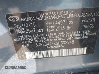 2016 Hyundai Sonata Sport with VIN 5NPE34AFXGH302948, listed as a IAAI auction lot 41958648 with 145,662 mi miles and . Bid and sale history available at DreamBid. Image 9.