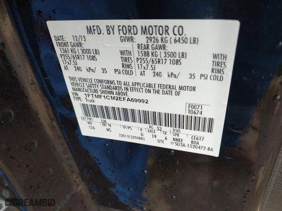 2014 Ford F-150 XL with VIN 1FTMF1CM2EFA69992, listed as a IAAI auction lot 41738432 with 107,778 mi miles. Bid and sale history available at carsss.com. Image 9.