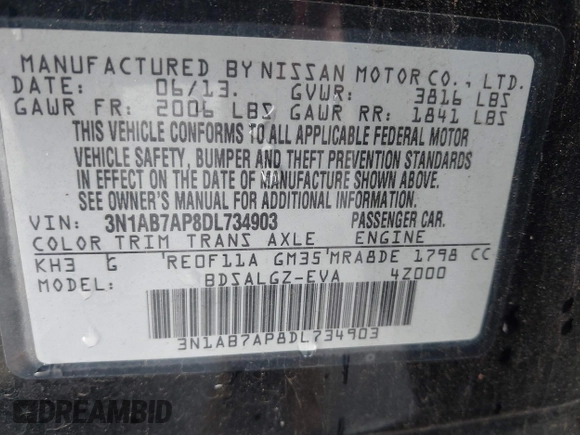 2013 Nissan Sentra SR z VIN 3N1AB7AP8DL734903, wystawiony jako IAAI lot #41165284 z przebiegiem 143 617 mil mil oraz . Historia ofert i sprzedaży dostępna na DreamBid. Obrazek 9.