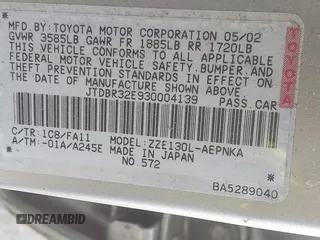 2003 Toyota Corolla CE with VIN JTDBR32E930004139, listed as a IAAI auction lot 42113619 with 209,120 mi miles. Bid and sale history available at carsss.com. Image 9.