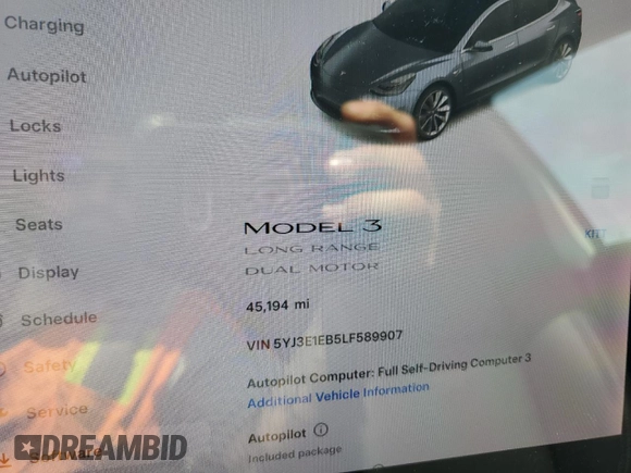 2020 Tesla Model 3 Long Range with VIN 5YJ3E1EB5LF589907, listed as a Copart auction lot 54778655 with 45,194 mi miles and Salvage Title. Bid and sale history available at DreamBid. Image 9.
