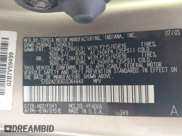 2005 Toyota Sienna CE z VIN 5TDZA23C65S364840, wystawiony jako IAAI lot #42485215 z przebiegiem 203 734 mil mil oraz . Historia ofert i sprzedaży dostępna na DreamBid. Obrazek 9.