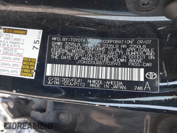 2008 Toyota Prius with VIN JTDKB20UX87703593, listed as a IAAI auction lot 42108567 with 157,117 mi miles. Bid and sale history available at carsss.com. Image 9.