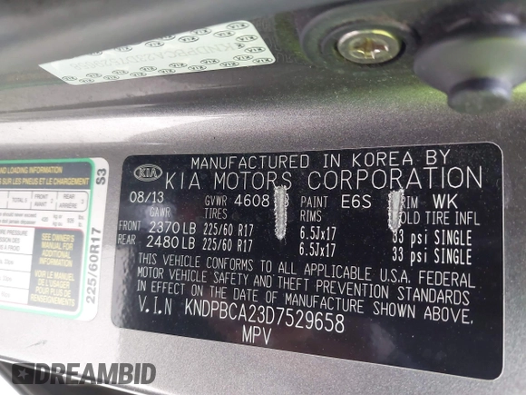 2013 Kia Sportage LX with VIN KNDPBCA23D7529658, listed as a IAAI auction lot 42473877 with 114,797 mi miles and . Bid and sale history available at DreamBid. Image 9.