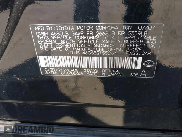 2008 Lexus ES 330 z VIN JTHBJ46G682155264, wystawiony jako IAAI lot #42477922 z przebiegiem 111 618 mil mil oraz . Historia ofert i sprzedaży dostępna na DreamBid. Obrazek 9.