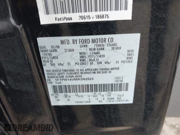 2008 Ford F-150 XLT with VIN 1FTPW14V88KD62523, listed as a IAAI auction lot 42502127 with 153,195 mi miles and . Bid and sale history available at DreamBid. Image 9.