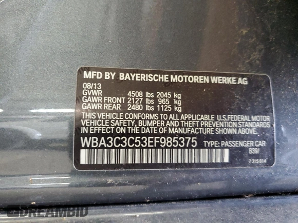 2014 BMW 3 Series 320i xDrive with VIN WBA3C3C53EF985375, listed as a Copart auction lot 62833435 with 75,726 mi miles and Salvage title. Bid and sale history available at DreamBid. Image 13.