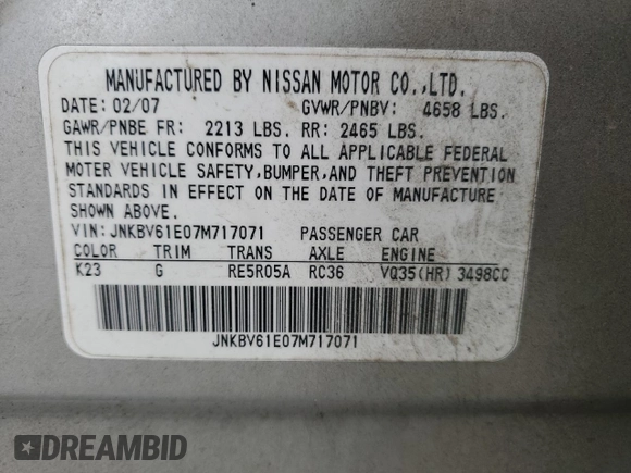 2007 Infiniti G35 Sedan Journey with VIN JNKBV61E07M717071, listed as a Copart auction lot 51169265 with 265,460 mi miles and Salvage Title. Bid and sale history available at carsss.com. Image 14.