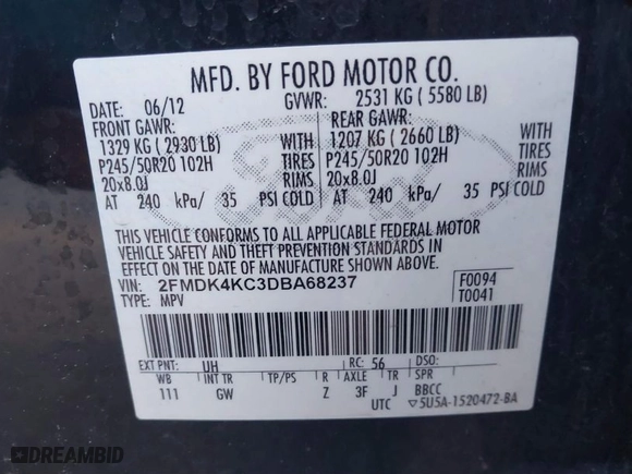2013 Ford Edge Limited with VIN 2FMDK4KC3DBA68237, listed as a IAAI auction lot 41774567 with 186,155 mi miles. Bid and sale history available at carsss.com. Image 9.