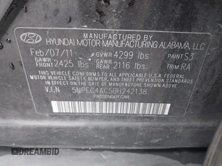 2011 Hyundai Sonata Limited with VIN 5NPEC4AC5BH242138, listed as a IAAI auction lot 41822876 with 206,592 mi miles and . Bid and sale history available at DreamBid. Image 9.