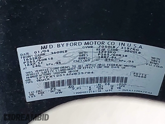 2004 Ford F-150 XL with VIN 1FTPX12514NB25784, listed as a IAAI auction lot 42107868 with 371,297 mi miles and . Bid and sale history available at DreamBid. Image 9.