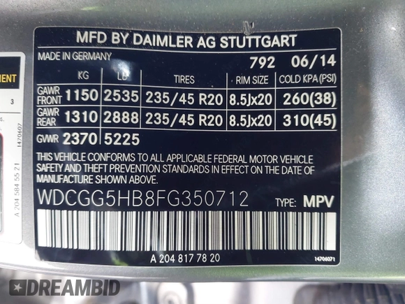 2015 Mercedes-Benz GLK 350 with VIN WDCGG5HB8FG350712, listed as a IAAI auction lot 41788078 with 117,507 mi miles and . Bid and sale history available at DreamBid. Image 9.