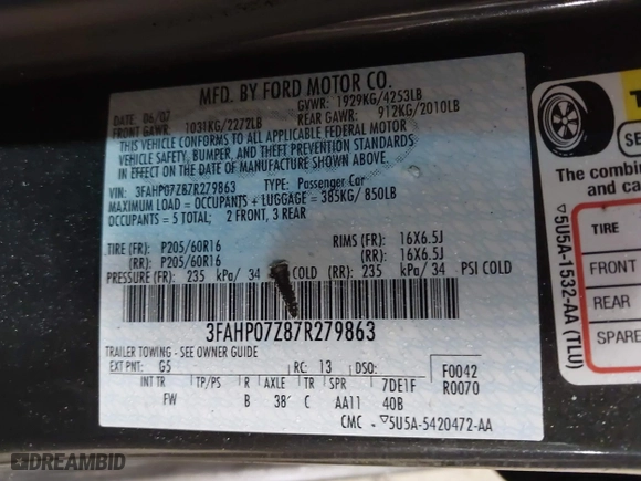 2007 Ford Fusion SE with VIN 3FAHP07Z87R279863, listed as a IAAI auction lot 41912611 with 197,703 mi miles. Bid and sale history available at carsss.com. Image 9.