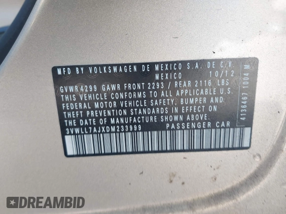 2013 Volkswagen Jetta TDI w/Premium/Nav with VIN 3VWLL7AJXDM233999, listed as a IAAI auction lot 42126691 with 151,658 mi miles and . Bid and sale history available at DreamBid. Image 9.