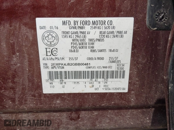 2016 Ford Edge SEL z VIN 2FMPK4J82GBB00481, wystawiony jako IAAI lot #42414912 z przebiegiem 159 671 mil mil oraz . Historia ofert i sprzedaży dostępna na DreamBid. Obrazek 9.