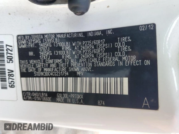 2012 Toyota Sienna XLE AAS with VIN 5TDYK3DC4CS231794, listed as a Copart auction lot 58206235 with 141,935 mi miles and Non repairable. Bid and sale history available at DreamBid. Image 13.