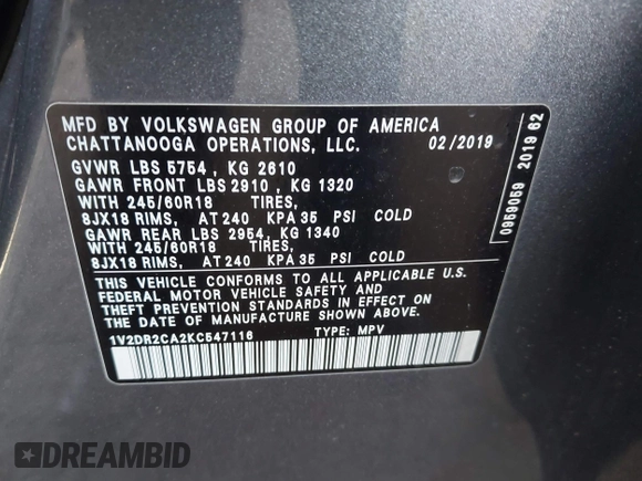 2019 Volkswagen Atlas SE with VIN 1V2DR2CA2KC547116, listed as a IAAI auction lot 41840372 with 102,625 mi miles and . Bid and sale history available at DreamBid. Image 9.