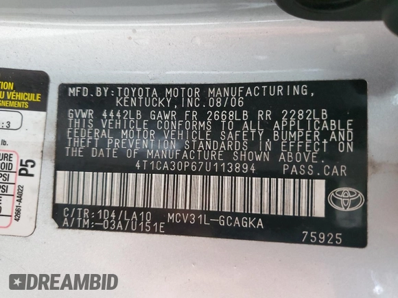2007 Toyota Solara SE with VIN 4T1CA30P67U113894, listed as a Copart auction lot 86171164 with Not Provided miles and Salvage Title. Bid and sale history available at DreamBid. Image 13.