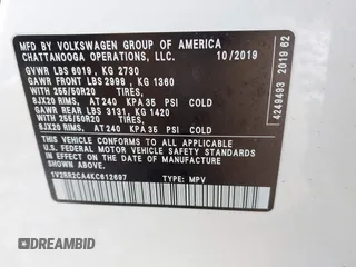2019 Volkswagen Atlas SEL R-Line with VIN 1V2RR2CA4KC612697, listed as a IAAI auction lot 41618930 with 25,476 mi miles and . Bid and sale history available at DreamBid. Image 9.
