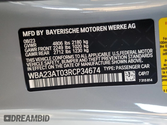 2024 BMW 4 Series 430i с VIN WBA23AT03RCP34674, выставлен на аукционе Copart как лот 57305345 с пробегом Не указан миль и Списание • Salvage title. История ставок и продаж доступна на DreamBid. Изображение 12.
