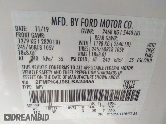 2020 Ford Edge SEL with VIN 2FMPK4J98LBA24655, listed as a IAAI auction lot 41821740 with 64,382 mi miles. Bid and sale history available at carsss.com. Image 9.