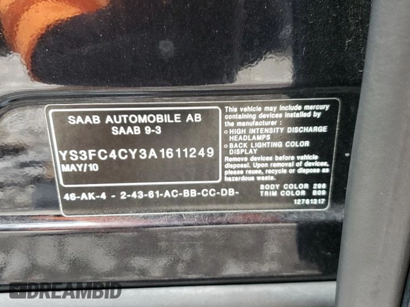 2010 Saab 9-3 Aero z VIN YS3FC4CY3A1611249, wystawiony jako Copart lot #85726884 z przebiegiem 154 352 mil mil oraz Szkoda całkowita • Salvage title. Historia ofert i sprzedaży dostępna na DreamBid. Obrazek 12.