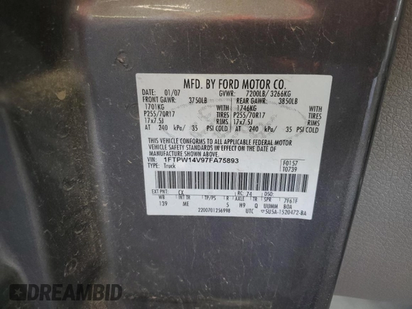 2007 Ford F-150 XLT with VIN 1FTPW14V97FA75893, listed as a Copart auction lot 63287145 with 79,058 mi miles and Salvage title. Bid and sale history available at DreamBid. Image 12.