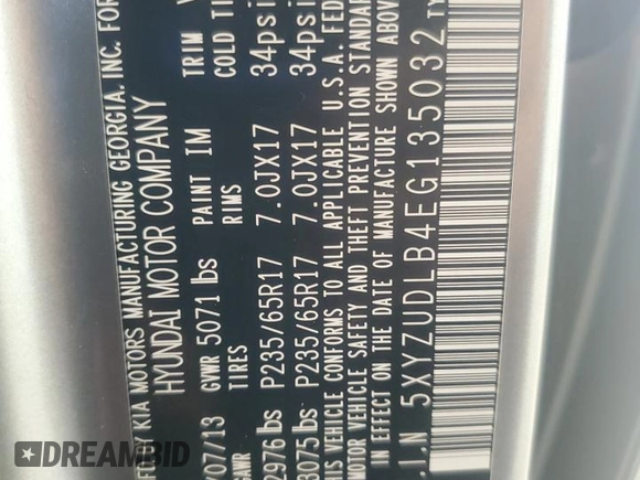 2014 Hyundai Santa Fe with VIN 5XYZUDLB4EG135032, listed as a Copart auction lot 60631295 with 126,704 mi miles and Clean title. Bid and sale history available at DreamBid. Image 13.