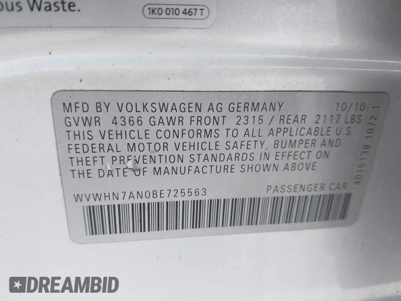 2011 Volkswagen CC Lux with VIN WVWHN7AN0BE725563, listed as a IAAI auction lot 40748808 with 136,091 mi miles and . Bid and sale history available at DreamBid. Image 9.