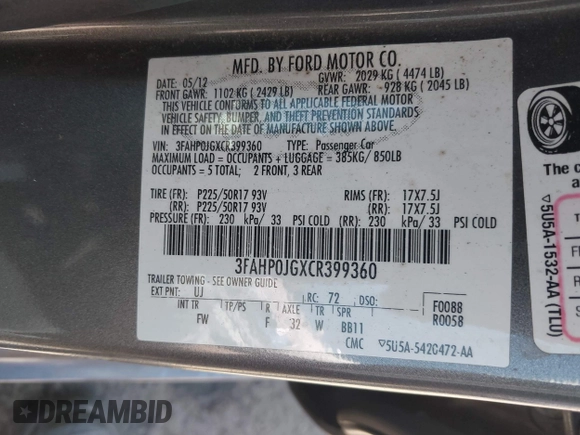 2012 Ford Fusion SEL with VIN 3FAHP0JGXCR399360, listed as a IAAI auction lot 42313097 with 132,331 mi miles and . Bid and sale history available at DreamBid. Image 9.