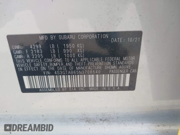 2022 Subaru Impreza with VIN 4S3GTAB65N3708540, listed as a IAAI auction lot 42353065 with 63,557 mi miles and . Bid and sale history available at DreamBid. Image 9.