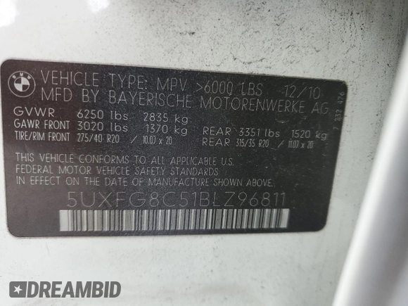 2011 BMW X6 50i with VIN 5UXFG8C51BLZ96811, listed as a Copart auction lot 75038764 with 0 mi miles and Salvage Title. Bid and sale history available at carsss.com. Image 13.
