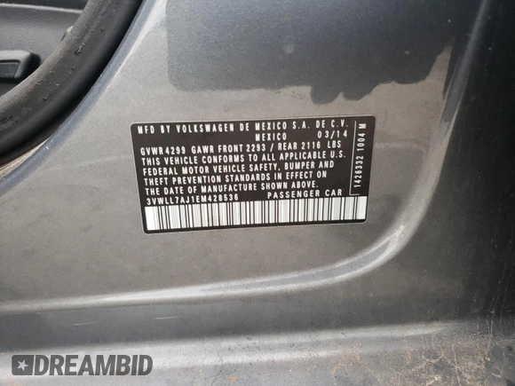 2014 Volkswagen Jetta TDI w/Premium with VIN 3VWLL7AJ1EM428536, listed as a Copart auction lot 53896765 with 75,525 mi miles and Salvage title. Bid and sale history available at DreamBid. Image 12.
