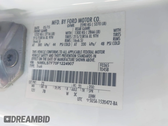 2015 Ford Transit Connect XLT with VIN NM0LS7F70F1224907, listed as a IAAI auction lot 41687421 with 226,518 mi miles and . Bid and sale history available at DreamBid. Image 9.
