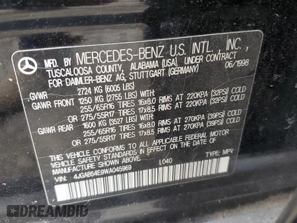 1998 Mercedes-Benz M-Class with VIN 4JGAB54E9WA045969, listed as a Copart auction lot 69773174 with 0 mi miles and Non Repairable. Bid and sale history available at carsss.com. Image 13.