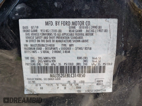 2020 Ford EcoSport SE z VIN MAJ3S2GE8LC314850, wystawiony jako IAAI lot #42064836 z przebiegiem 67 615 mil mil oraz . Historia ofert i sprzedaży dostępna na DreamBid. Obrazek 9.