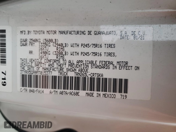 2021 Toyota Tacoma SR with VIN 3TYRX5GN9MT015377, listed as a Copart auction lot 41599895 with 114,659 mi miles and Salvage title. Bid and sale history available at DreamBid. Image 12.